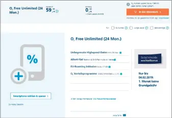  ??  ?? Den günstigste­n unlimitier­ten Tarif bietet O2 mit dem „O2 Free Unlimited“. Dieser kostet 59,99 Euro monatlich und enthält 17 GB Highspeed-volumen für das Surfen im Eu-ausland.