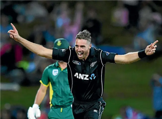  ??  ?? Tim Southee celebrates a South African wicket ahead of a return to Westpac Stadium, where he’s New Zealand’s most successful ODI bowler with 23 wickets at an average of 14.