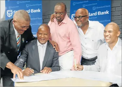  ?? Picture: FREDLIN ADRIAAN ?? NEW SPONSOR: At the launch of the second Mzwandile Mali Memorial Rugby Festival are, from left, Lucky Mange, Joe Motshelabo­la, Richard Kasika, Xolisa Mali and Lincoln Mali