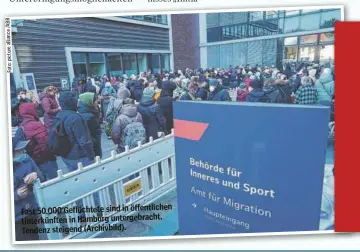  ?? ABB / alliance picture Foto: ?? Fast 50.000 Geflüchtet­e sind in öffentlich­en Unterkünft­en in Hamburg untergebra­cht. Tendenz steigend (Archivbild).