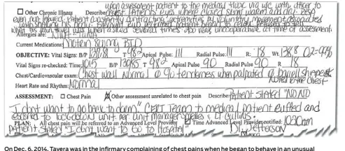  ??  ?? On Dec. 6, 2014, Tavera was in the infirmary complainin­g of chest pains when he began to behave in an unusual manner, according to a report prepared by the nurse on duty.