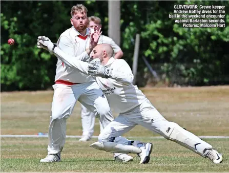  ?? ?? GLOVEWORK: Crewe keeper Andrew Boffey dives for the ball in the weekend encounter against Barlaston seconds. Pictures: Malcolm Hart