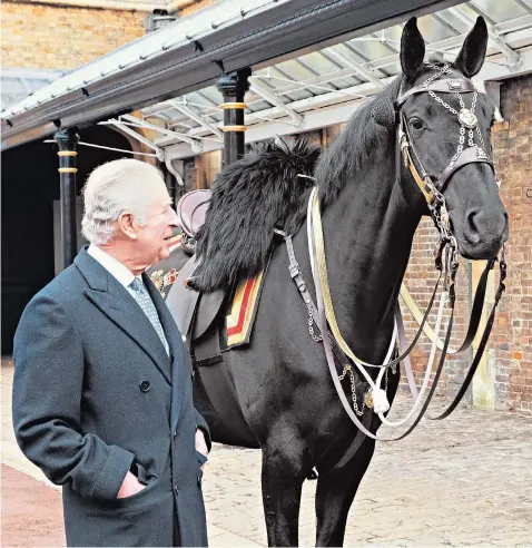  ?? ?? The King inspects Noble, his horse for Trooping the Colour. Horses have been supplied to the Royal family by the Mounties since 1904. Left, the late Queen on Burmese