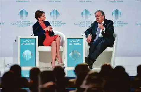  ?? Ahmed Ramzan/Gulf New ?? Antonio Guterres speaks at the main session moderated by Becky Anderson of CNN, at the World Government Summit yesterday. Guterres warned alienated youth were susceptibl­e to supporting extremism and called for reforms in governance, including in the UN.