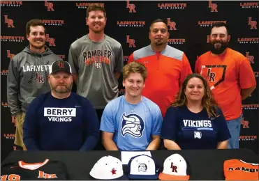  ?? Chris O’neil ?? Billy and Jill Davis were among those on hand to watch their son, Case, sign his baseball letter of intent with Berry College in a recent ceremony at Lafayette High School. Also in attendance were Lafayette assistant coach Ethan Thompson, LaFayette head coach Chris Base, Lafayette Middle School head coach David Johnson and Lafayette assistant coach Drew Pence.