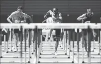  ?? Associated Press ?? From left, Devon Allen, Aries Merritt, and Aleec Harris run the men's 110meter hurdles at the U.S. Track and Field Championsh­ips on Sunday in Sacramento. Harris won the event, Merritt was second, and Allen third.