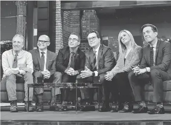  ?? CBS ?? Jon Stewart, left, Rob Corddry, John Oliver, Stephen Colbert, Samantha Bee and Ed Helms reunited Tuesday on The Late Show with Stephen Colbert. “This arrangemen­t we have right now,” Colbert said, “is exactly something we would have made fun of on The...