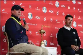  ?? MORRY GASH — THE ASSOCIATED PRESS ?? U.S. captain Steve Stricker and Europe captain Padraig Harrington answer questions at a new conference for the Ryder Cup on Sept. 20in Sheboygan, Wis.