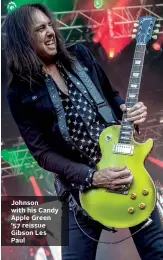  ??  ?? Johnson with his Candy Apple Green ’57 reissue Gibson Les Paul