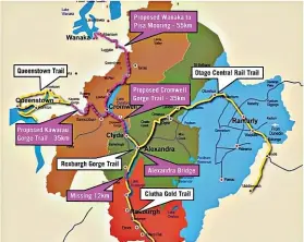  ??  ?? A map showing the 500km continuous trail network, estimated to cost $26.3 million, that has been given financial backing by the Government, the Central Lakes Trust and Otago Community Trust.