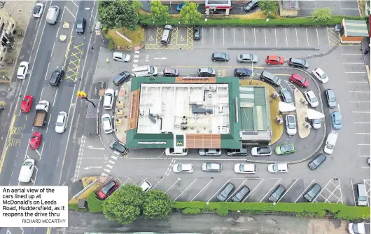 ??  ?? An aerial view of the cars lined up at McDonald’s on Leeds Road, Huddersfie­ld, as it reopens the drive thru
RICHARD MCCARTHY