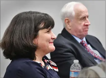  ?? CHRIS CHRISTO — BOSTON HERALD ?? Amy Carnevale and Jim Lyons seen as they wait during the vote at the January Republican Committee meeting. Lyons lost to Carnevale, 37-34.