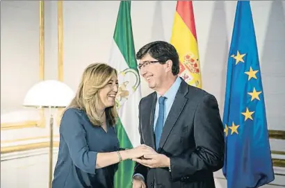  ?? JULIO MUÑOZ / EFE ?? La presidenta andalusa, Susana Díaz, i el dirigent de Cs, Juan Marín, en una reunió el maig del 2017