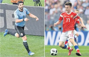  ?? AFP ?? Uruguay forward Luis Suarez, left, and Russia midfielder Aleksandr Golovin.