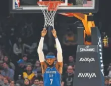  ?? John Leyba, The Denver Post ?? Oklahoma City’s Carmelo Anthony takes a break under the basket during a video review in the first quarter Tuesday night at the Pepsi Center.