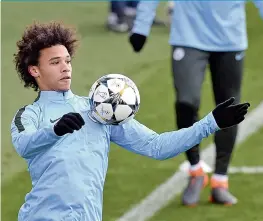  ??  ?? Manchester City midfielder Leroy Sane at a training session in Manchester on Monday, eve of their Champions League first leg round of 16 match against Basel. — AFP