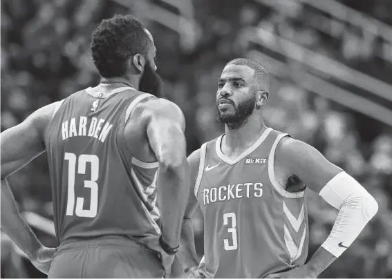  ?? Yi-Chin Lee / Staff photograph­er ?? It has been reported that James Harden, left, and Chris Paul have not been seeing eye-to-eye of late. It’s on them to sort it out in order to achieve their mutual goal.