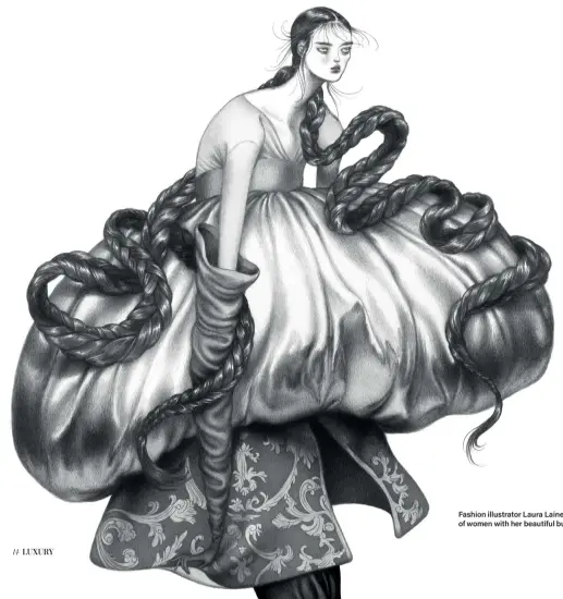  ??  ?? Fashion illustrato­r Laura Laine, above, explores the duality of women with her beautiful but slightly surreal protagonis­ts