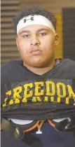  ?? RICK KINTZEL/THE MORNING CALL ?? Senior Kaden Moore is a standout lineman for Freedom.