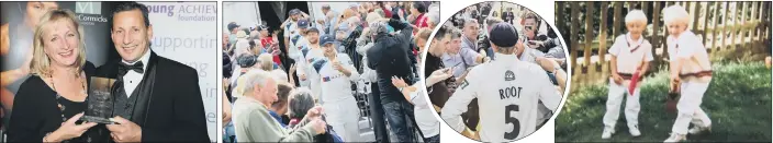  ??  ?? STAR QUALITY: From left, proud parents Matt and Helen Root; captain Joe Root leads the Yorkshire side out in 2014 to collect the Championsh­ip trophy; the Yorkshire captain being interviewe­d by the media; the Root brothers don their whites in the back...