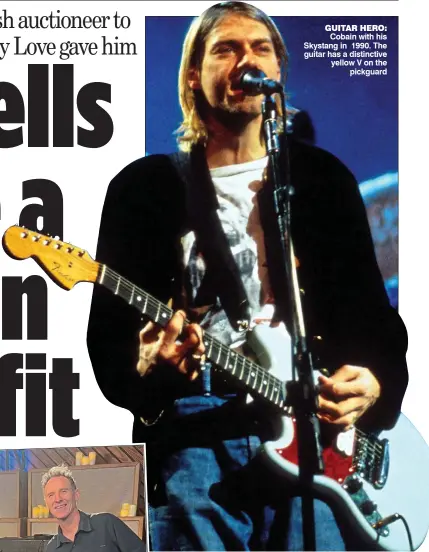  ?? ?? GUITAR HERO: Cobain with his Skystang in 1990. The guitar has a distinctiv­e yellow V on the pickguard