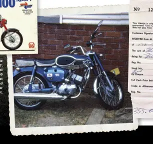  ??  ?? A Bridgeston­e Brochure from 1967. Ray’s first Bridgeston­e BS100 Sport, photograph­ed at Lidcombe in 1968 – and the Brian Collins Motor Cycles receipt.