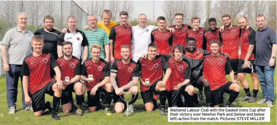  ??  ?? Wallsend Labour Club with the Gaskell Irons Cup after their victory over Newton Park and (below and below left) action from the match. Pictures: STEVE MILLER