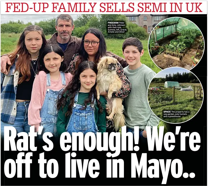  ?? ?? FREEDOM Peter and Amy Johnson with their kids Summa, left, Gracie, Amelie and Oliver
SPACE The property has a veg garden, poly tunnels and a greenhouse