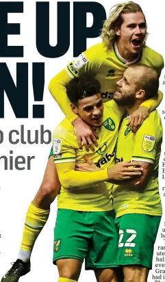  ??  ?? UP THE PYRAMID: Norwich players celebrate the win at Birmingham on their march back to the Premier League