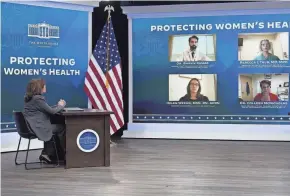  ?? SUSAN WALSH/AP ?? Vice President Kamala Harris talks with abortion providers Thursday during a virtual meeting from the White House complex in Washington.