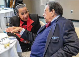  ?? AJC 2018 ?? Xernona Clayton and former Atlanta Mayor Andrew Young talk in 2018 at an Atlanta History Center commemorat­ion of the 50th anniversar­y of Martin Luther King Jr.’s assassinat­ion. Of Clayton, Young recently said, “She promoted other people, and that’s basically what a leader should do.”