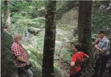  ?? FOTO: KRISTINA PRIEBE ?? Paul Sägmüller, Sohn Richard und Bruno Zettler (von rechts) vor dem ersten Eingang zum Stollen (hinten links).