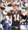  ?? (AP) ?? In this Dec 15, 2019 file photo, Cincinnati Bengals quarterbac­k Andy Dalton (14) passes in the first half of an NFL football game against the New England Patriots in Cincinnati.