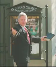  ?? (File Photo/AP/Ron Edmonds) ?? President Bill Clinton leaves St. John’s Church on March 24, 1996, after attending services in Washington. Clinton attended without first lady Hillary Rodham Clinton, who was on an eightday goodwill tour through Europe.