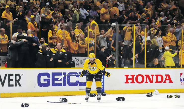  ?? — GETTY IMAGES ?? Nashville Predators left wing Austin Watson reacts after his team’s 2-0 loss to the Pittsburgh Penguins in Game 6 on Sunday in Nashville, Tenn.