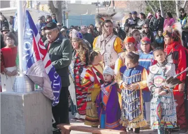  ?? RICHARD MARJAN/The StarPhoeni­x ?? A historic raising of the Metis and Treaty 6 flags was held at City Hall in Saskatoon on Friday.