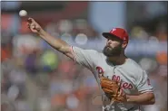  ?? BEN MARGOT — THE ASSOCIATED PRESS FILE ?? Philadelph­ia Phillies pitcher Jake Arrieta is likely out for the remaineder of the season with a bone spur in his elbow he was trying to pitch through
