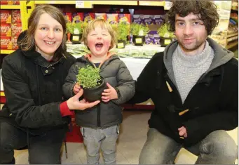  ??  ?? Little Eli Kiernan from Kanturk checking out a pot of Shamrock at Twohig’s Super Valu in Kanturk on St. Patrick’s Day with his parents Isabelle and Willy. Photo by Sheila Fitzgerald.