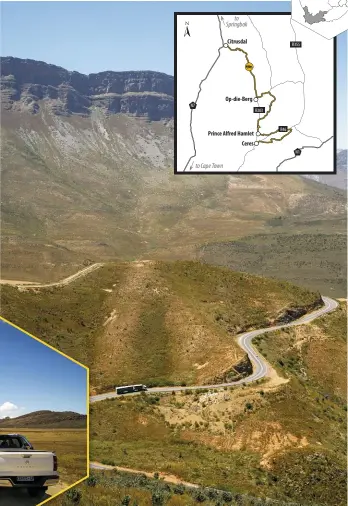  ?? ?? PASSING BY. The Middelberg Pass (main photo) is your introducti­on to the Cold Bokkeveld, and Gydo Pass (above) takes you to the Warm Bokkeveld. Few people know about the Winkelhaak road (left and insert) because it runs through private land, but you’re welcome to drive it – if you ask nicely, of course.