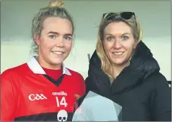  ?? (Pic: Sportsfile) ?? Katie Quirke receiving her Player of the Match award at the recent Yoplait LGFA O’Connor Cup final, from Deirdre Lowry. This was Katie’s second award in a row.
