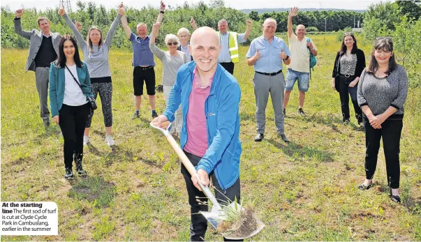  ??  ?? At the starting line The first sod of turf is cut at Clyde Cycle Park in Cambuslang, earlier in the summer