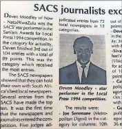  ?? ?? AN ARTICLE featuring Deven Moodley’s achievemen­t in the Local Press 1994 Competitio­n.