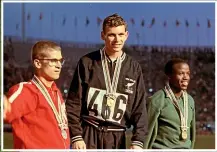  ?? GETTY IMAGES ?? Wilson Kiprugut leads the field in a heat for the 800m event at the Mexico City Olympics in 1968, left. In the final, below, he was pipped by Australia’s Ralph Doubell. Above, on the podium at the Tokyo Olympics in 1964 after finishing third behind New Zealand’s Peter Snell, centre, and Canada’s Bill Crothers.