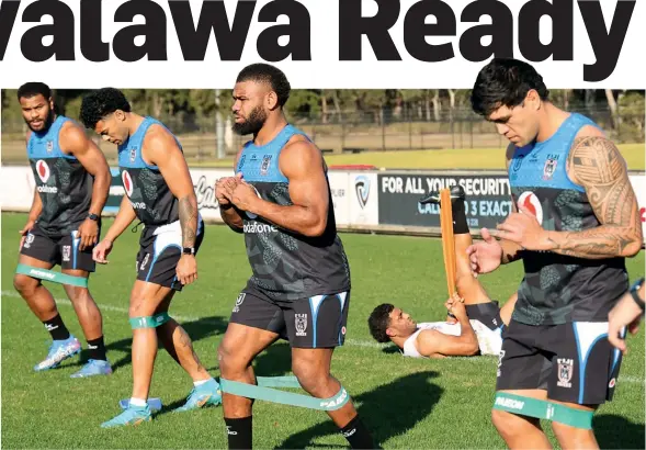  ?? Photo: Simione Haravanua ?? Mikaele Ravalawa (third from left) with his Vodafone Fijian Bati team mates during a training session in Sydney, Australia, on June 23, 2022.