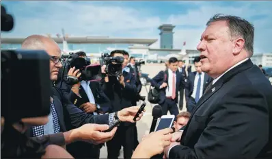  ?? REUTERS IRAN ?? US Secretary of State Mike Pompeo speaks to members of the media following two days of meetings in the DPRK, before boarding his plane at Sunan Internatio­nal Airport in Pyongyang on Saturday to travel to Japan.