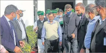  ?? SANCHIT KHANNA/HT PHOTO ?? Delhi CM Arvind Kejriwal leaves the Vidhan Sabha after a meeting with leaders of various farm unions.