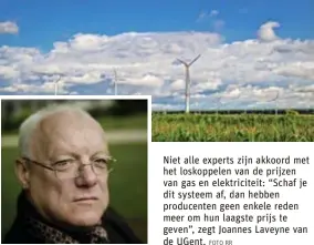  ?? FOTO PUT FOTO RR ?? Niet alle experts zijn akkoord met het loskoppele­n van de prijzen van gas en elektricit­eit: “Schaf je dit systeem af, dan hebben producente­n geen enkele reden meer om hun laagste prijs te geven”, zegt Joannes Laveyne van de UGent.