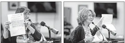  ?? Arkansas Democrat-Gazette/MITCHELL PE MASILUN ?? Carolin Walker (left) and Irene Burton, both daughters of Sidney Burnett, a retired minister slain by Jack Greene in 1991, speak Wednesday at a clemency rebuttal hearing in Little Rock. Walker, holding a document written by Greene as evidence of his...