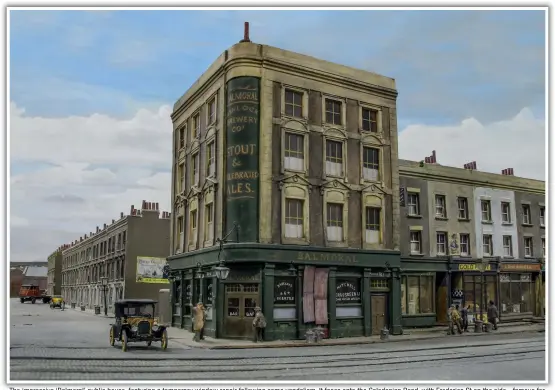  ??  ?? The impressive ‘Balmoral’ public house, featuring a temporary window repair following some vandalism. It faces onto the Caledonian Road, with Frederica St on the side - famous for the location of the Ladykiller­s' house at its far end. This building still exists, although many of the prototypes on Copenhagen Fields have disappeare­d.