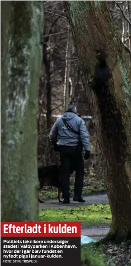  ?? FOTO: STINE TIDSVILDE ?? Efterladt i kulden
Politiets teknikere undersøger stedet i Valbyparke­n i København, hvor der i går blev fundet en nyfødt pige i januar-kulden.